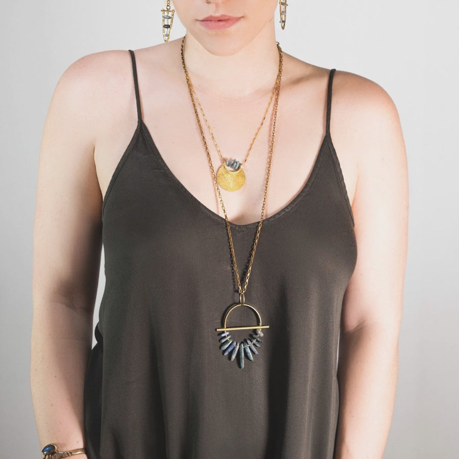 Raw Kyanite & Brass Necklaces on Model