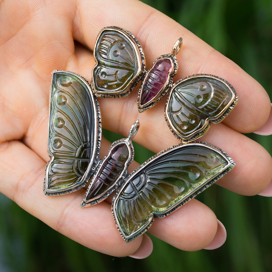 AVAILABLE PRE-ORDER- Carved Tourmaline Butterfly Bronze Pendant