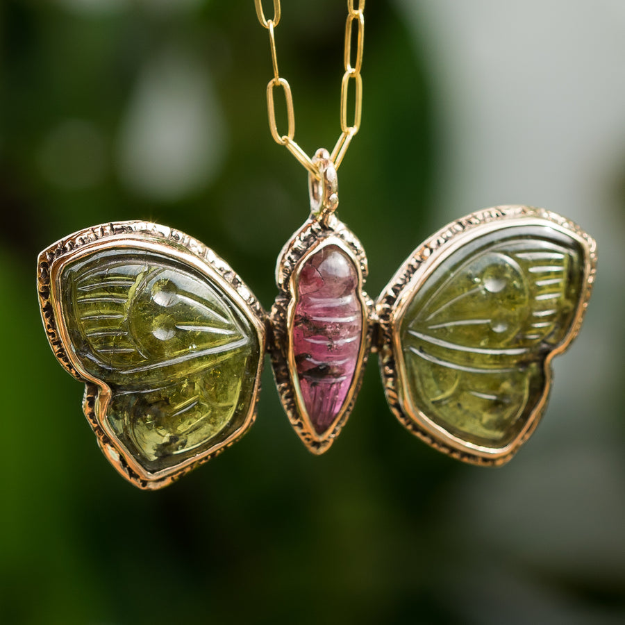 AVAILABLE PRE-ORDER- Carved Tourmaline Butterfly Bronze Pendant