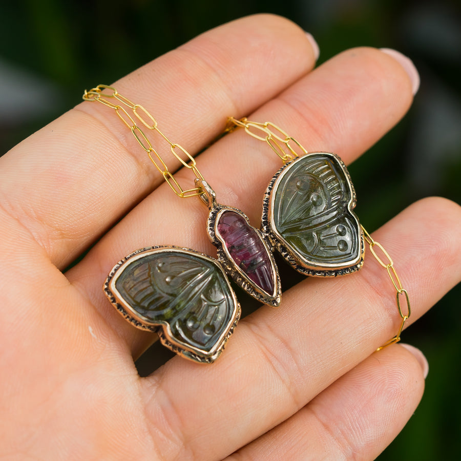 AVAILABLE PRE-ORDER- Carved Tourmaline Butterfly Bronze Pendant