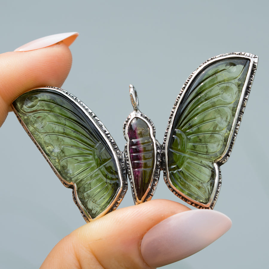 AVAILABLE PRE-ORDER- Carved Tourmaline Butterfly Silver Pendant