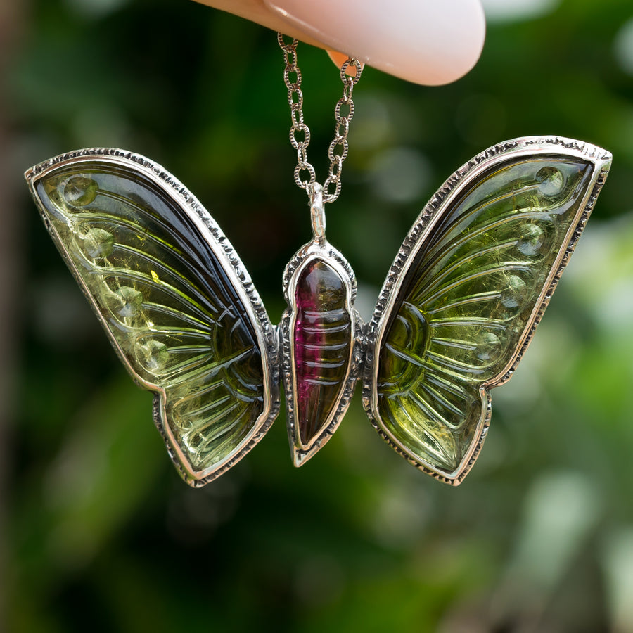 AVAILABLE PRE-ORDER- Carved Tourmaline Butterfly Silver Pendant