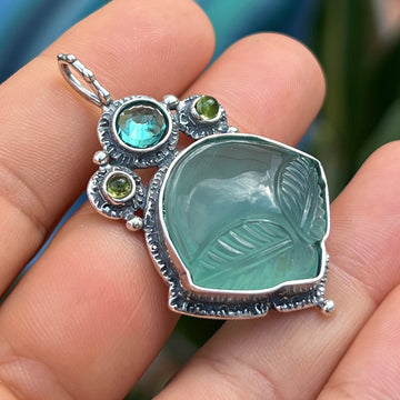 AVAILABLE PRE-ORDER- Carved Chalcedony & Peridot Pendant