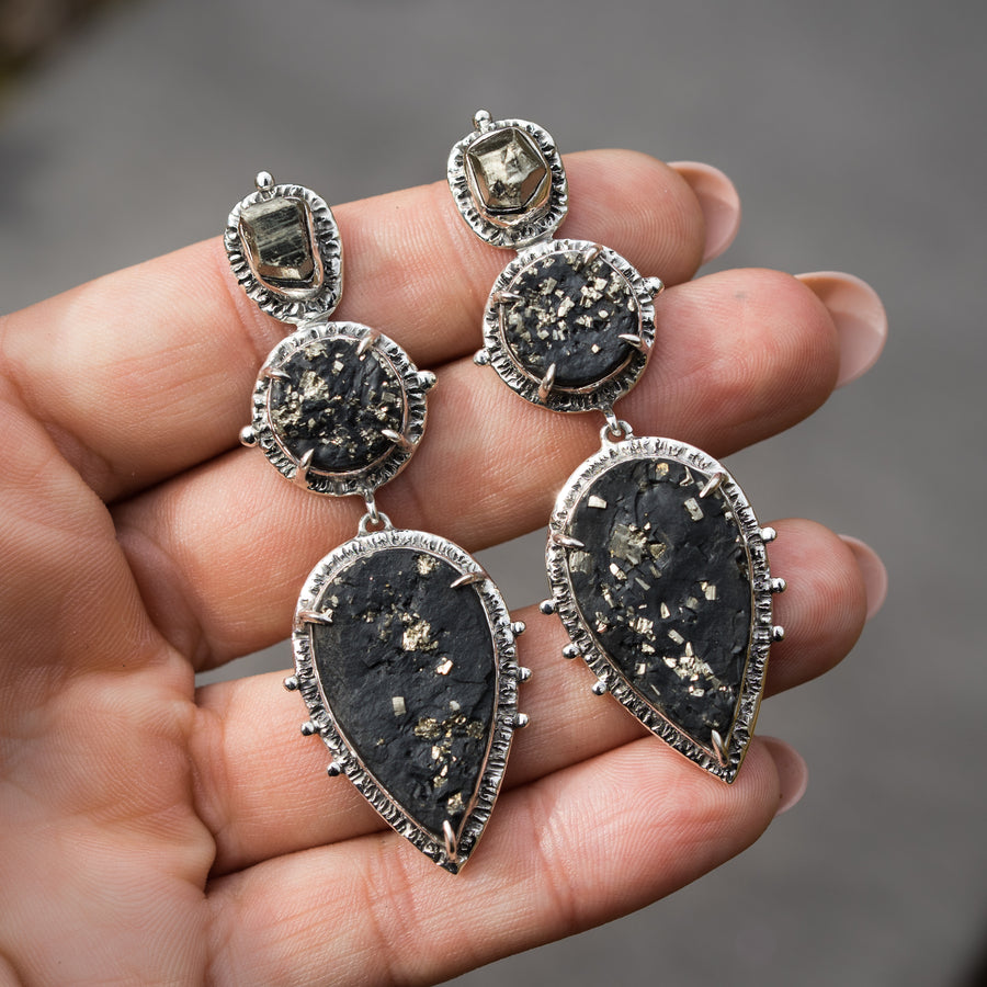 Pyrite in Slate Silver Earrings
