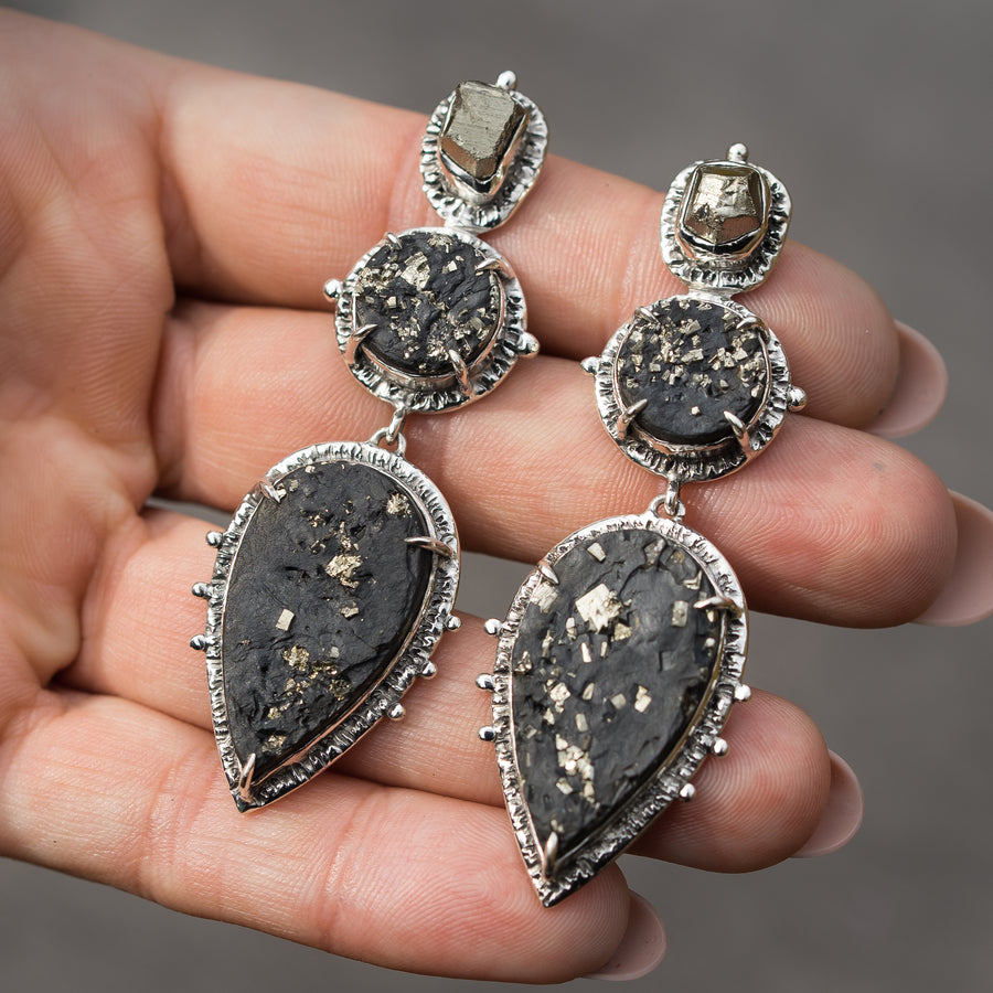 Pyrite in Slate Silver Earrings