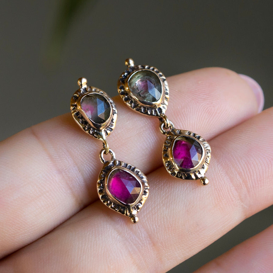 Watermelon Tourmaline Bronze Earrings