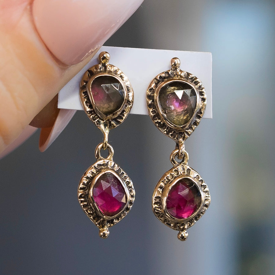 Watermelon Tourmaline Bronze Earrings