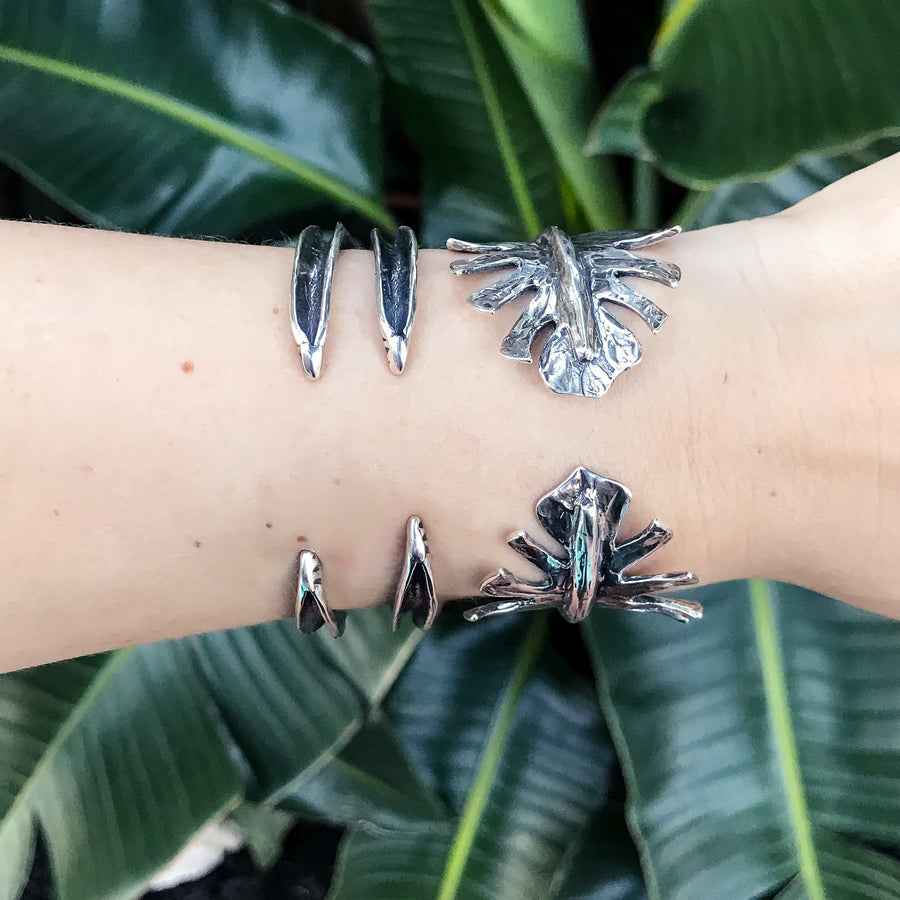 Monstera Leaf Bracelet, Leaf Bracelet, Sterling Silver Leaf Bracelet, Statement Cuff, Tropical Bracelet, Boho Bracelet, Bohemian Cuff, Gold