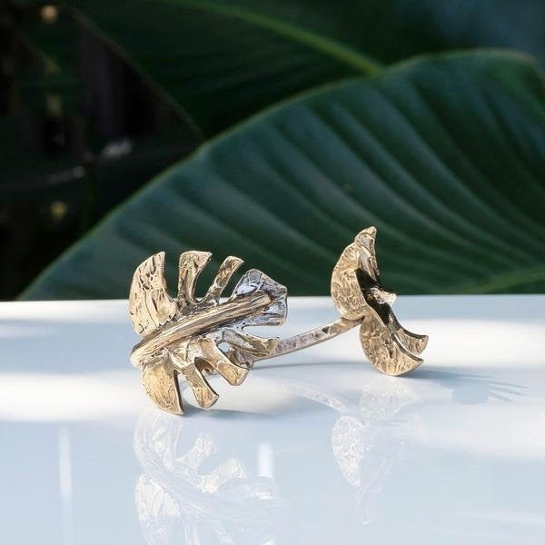 Monstera Leaf Bracelet, Leaf Bracelet, Sterling Silver Leaf Bracelet, Statement Cuff, Tropical Bracelet, Boho Bracelet, Bohemian Cuff, Gold