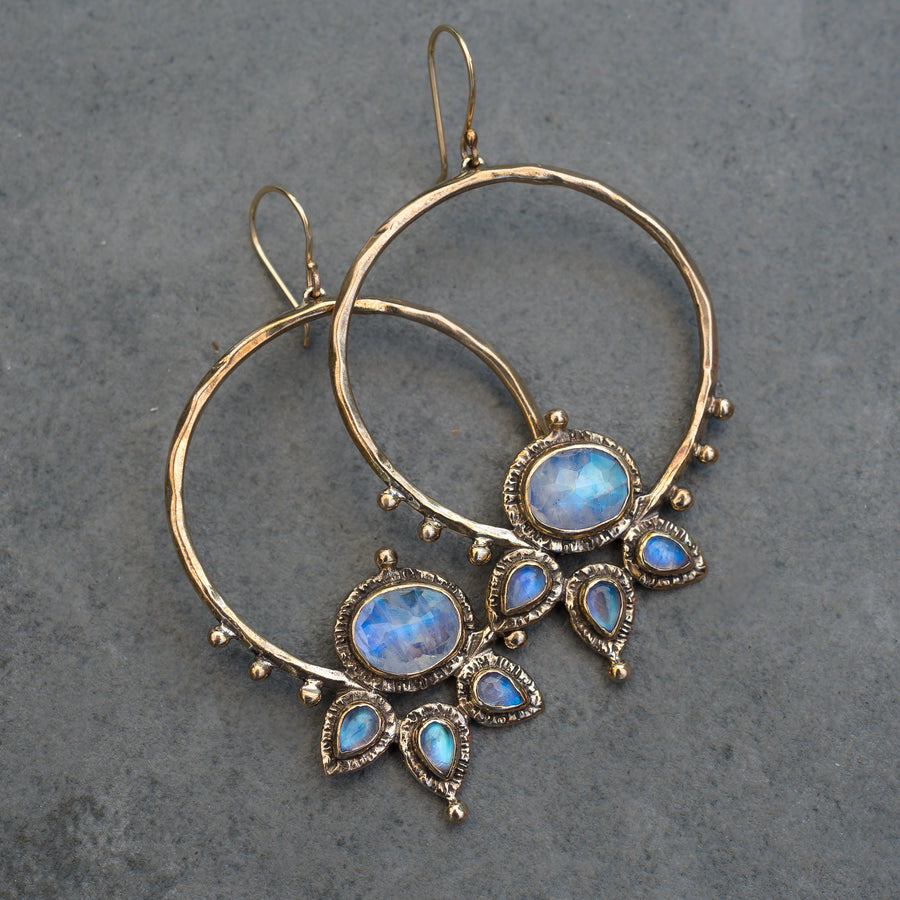 Blue Moonstone Lotus Hoops, Gold Hoop earrings, handmade, statement earrings, gift for her, unique gift, bronze, sterling silver, ear wires