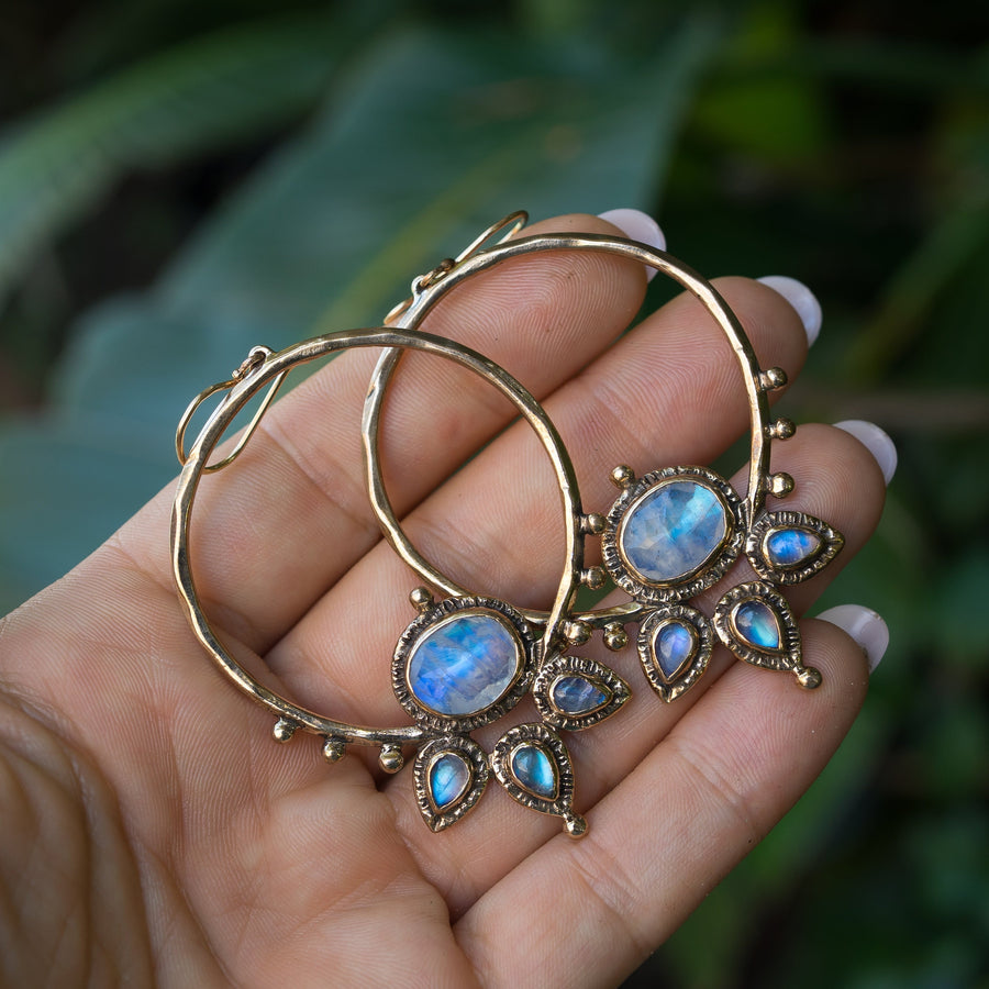 Blue Moonstone Lotus Hoops, Gold Hoop earrings, handmade, statement earrings, gift for her, unique gift, bronze, sterling silver, ear wires