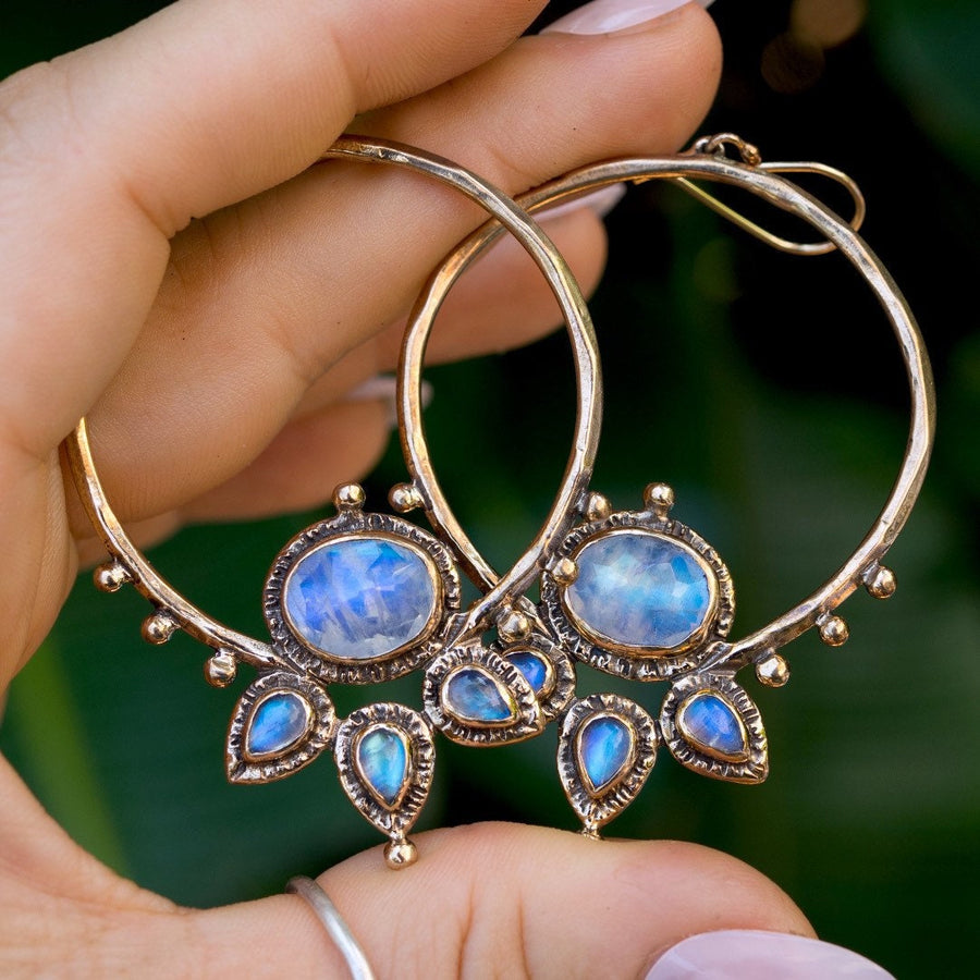 Blue Moonstone Lotus Hoops, Gold Hoop earrings, handmade, statement earrings, gift for her, unique gift, bronze, sterling silver, ear wires