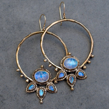 Blue Moonstone Lotus Hoops, Gold Hoop earrings, handmade, statement earrings, gift for her, unique gift, bronze, sterling silver, ear wires