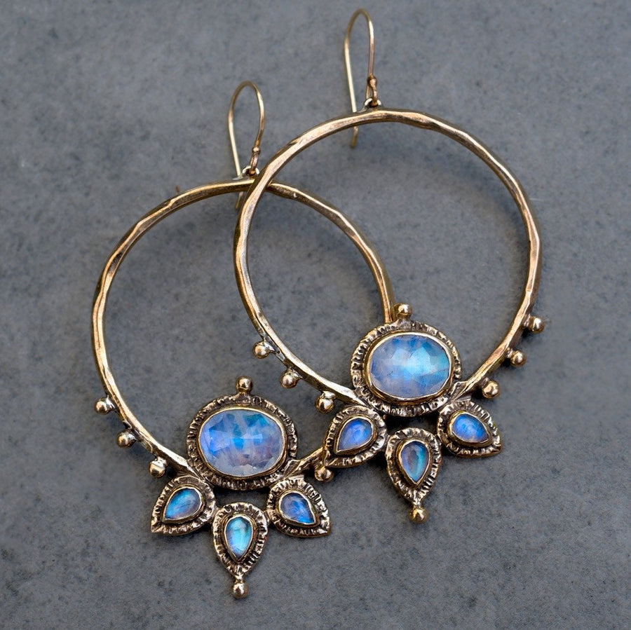 Blue Moonstone Lotus Hoops, Gold Hoop earrings, handmade, statement earrings, gift for her, unique gift, bronze, sterling silver, ear wires