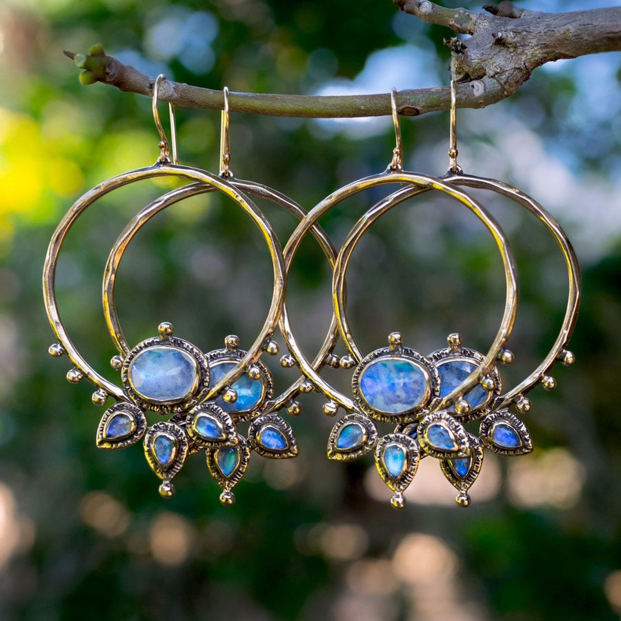 Blue Moonstone Lotus Hoops, Gold Hoop earrings, handmade, statement earrings, gift for her, unique gift, bronze, sterling silver, ear wires