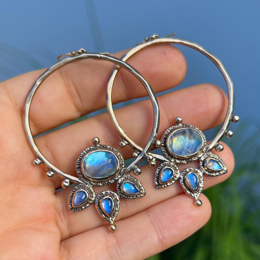 Blue Moonstone Lotus Hoops, Gold Hoop earrings, handmade, statement earrings, gift for her, unique gift, bronze, sterling silver, ear wires