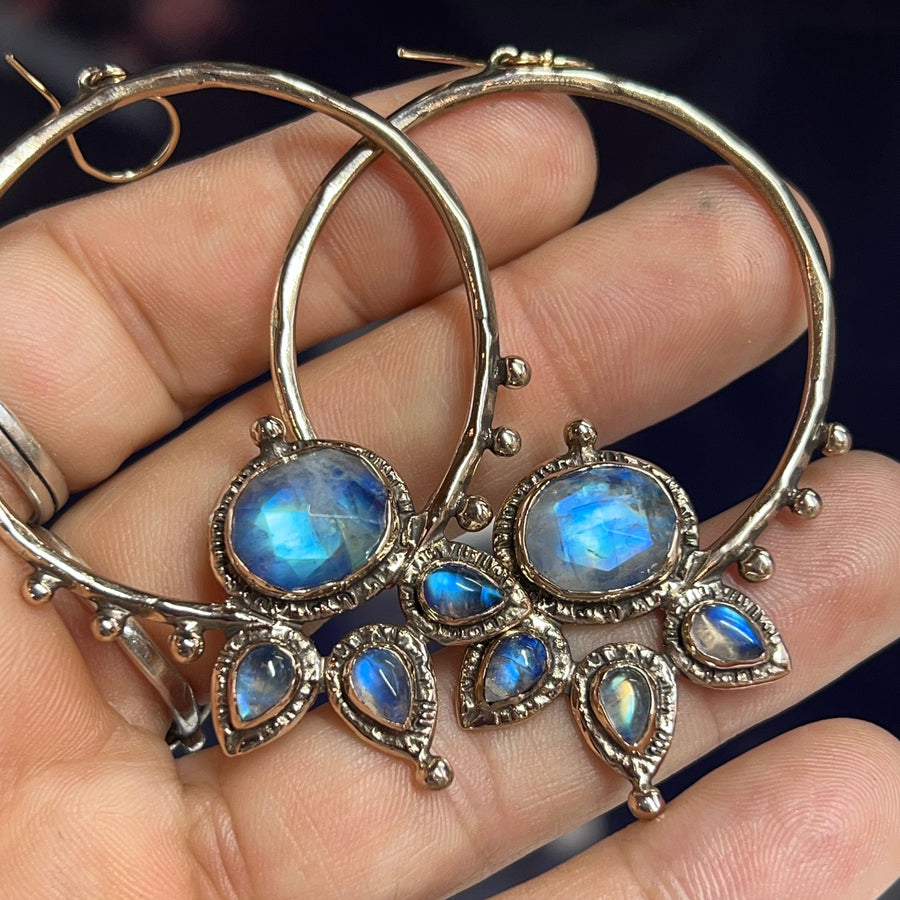 Blue Moonstone Lotus Hoops, Gold Hoop earrings, handmade, statement earrings, gift for her, unique gift, bronze, sterling silver, ear wires