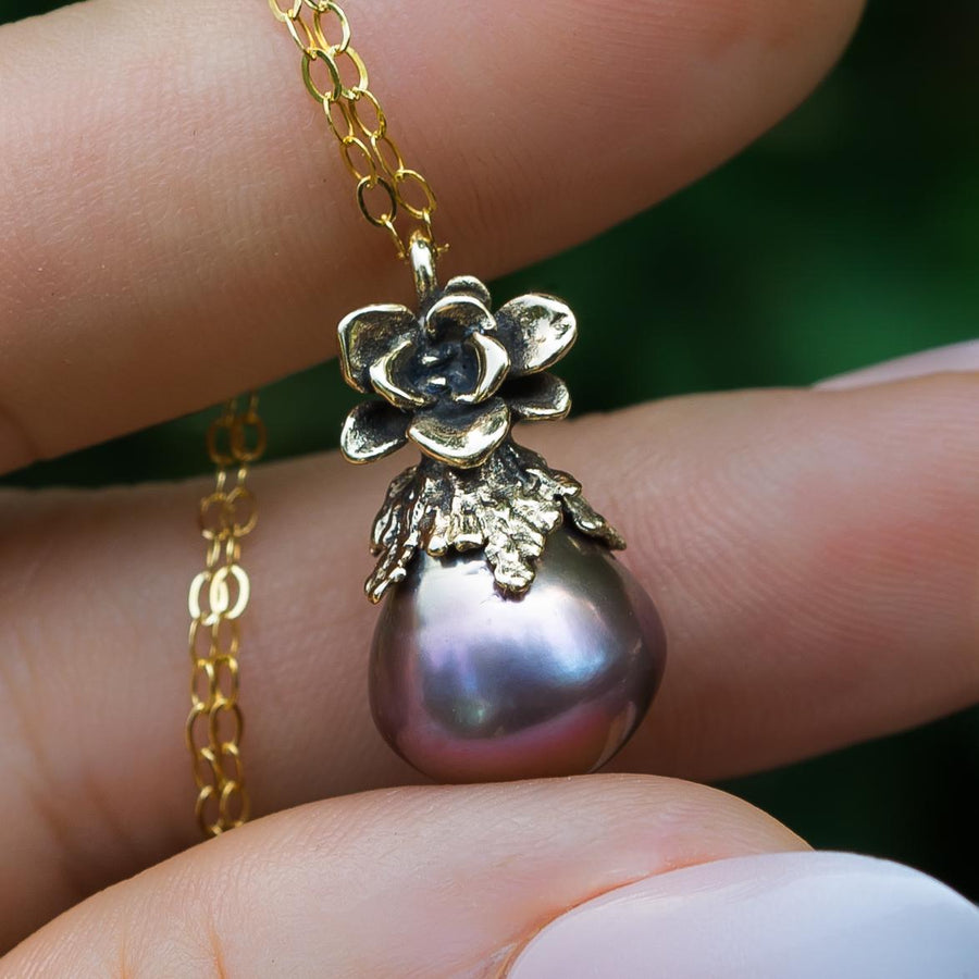 14K Gold Edison Pearl Pendant, Natural Freshwater Pearl, Metallic, Purple Rainbow, Succulent Flower, Juniper Leaf, Handmade, Gift for her,