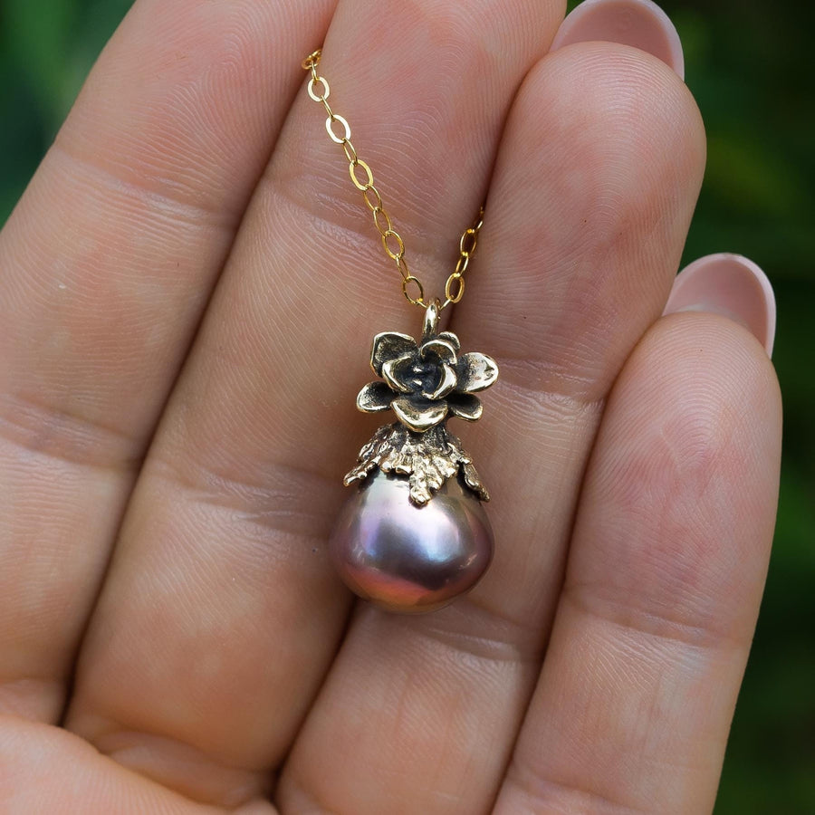 14K Gold Edison Pearl Pendant, Natural Freshwater Pearl, Metallic, Purple Rainbow, Succulent Flower, Juniper Leaf, Handmade, Gift for her,