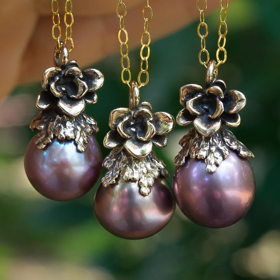 Purple Edison Pearl Pendant, Bronze, Natural Freshwater Pearl, Metallic, Pink pearl, Succulent Flower, Juniper Leaf, Handmade, Gift for her,