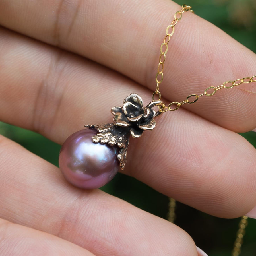 Purple Edison Pearl Pendant, Bronze, Natural Freshwater Pearl, Metallic, Pink pearl, Succulent Flower, Juniper Leaf, Handmade, Gift for her,