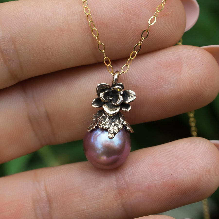 Purple Edison Pearl Pendant, Bronze, Natural Freshwater Pearl, Metallic, Pink pearl, Succulent Flower, Juniper Leaf, Handmade, Gift for her,