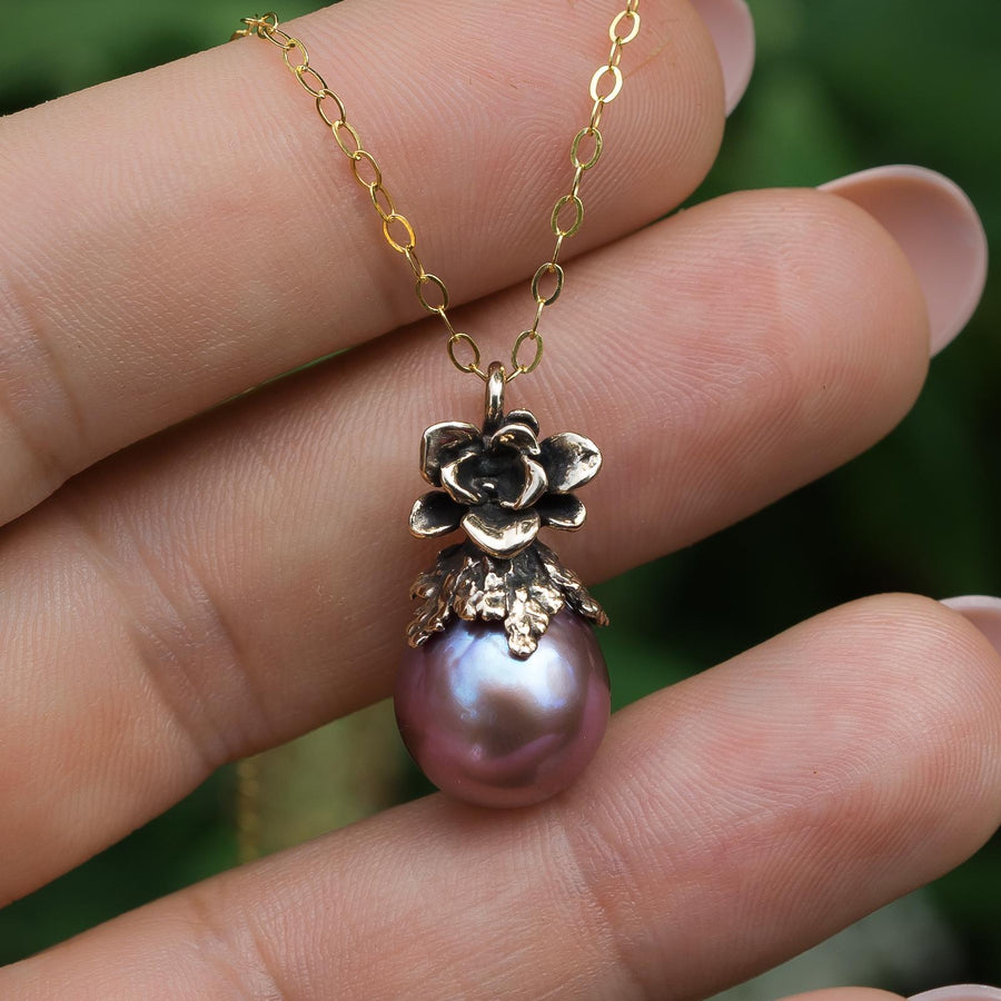 Purple Edison Pearl Pendant, Bronze, Natural Freshwater Pearl, Metallic, Pink pearl, Succulent Flower, Juniper Leaf, Handmade, Gift for her,