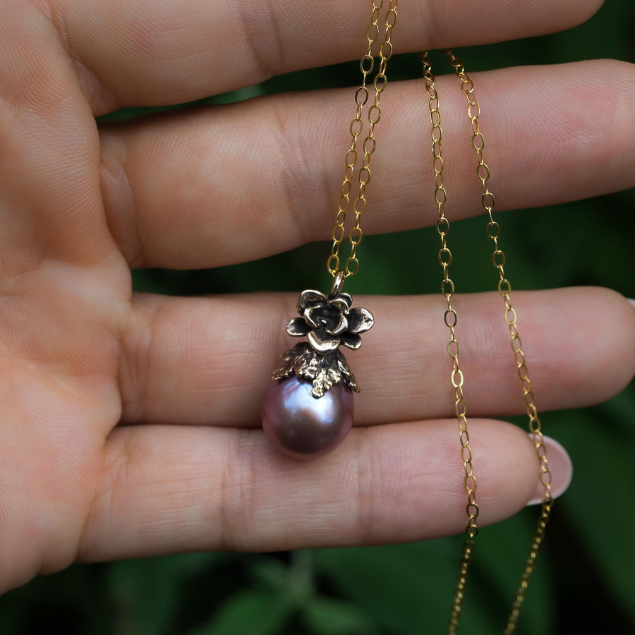 Purple Edison Pearl Pendant, Bronze, Natural Freshwater Pearl, Metallic, Pink pearl, Succulent Flower, Juniper Leaf, Handmade, Gift for her,