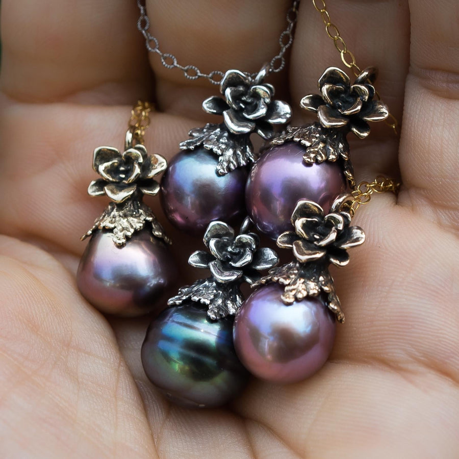 Purple Edison Pearl Pendant, Bronze, Natural Freshwater Pearl, Metallic, Pink pearl, Succulent Flower, Juniper Leaf, Handmade, Gift for her,