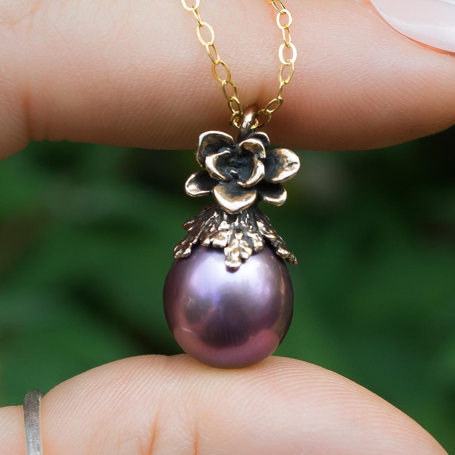 Purple Edison Pearl Pendant, Bronze, Natural Freshwater Pearl, Metallic, Pink pearl, Succulent Flower, Juniper Leaf, Handmade, Gift for her,