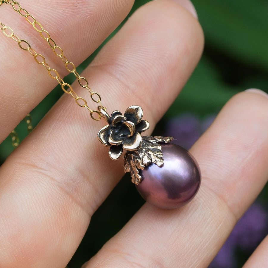 Purple Edison Pearl Pendant, Bronze, Natural Freshwater Pearl, Metallic, Pink pearl, Succulent Flower, Juniper Leaf, Handmade, Gift for her,