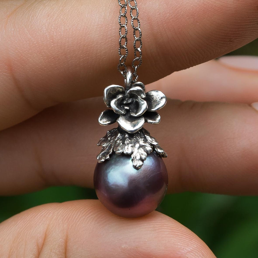 Purple Edison Pearl Pendant, sterling silver, Natural Freshwater Pearl, Metallic, blue pearl, Succulent Flower, Juniper Leaf, Gift for her