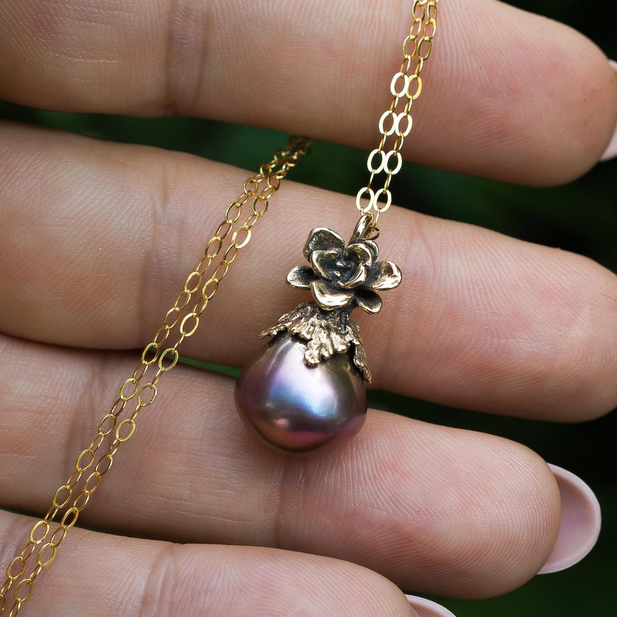 14K Gold Edison Pearl Pendant, Natural Freshwater Pearl, Metallic, Purple Rainbow, Succulent Flower, Juniper Leaf, Handmade, Gift for her,