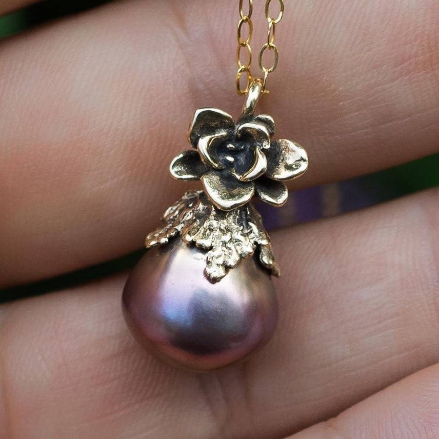 14K Gold Edison Pearl Pendant, Natural Freshwater Pearl, Metallic, Purple Rainbow, Succulent Flower, Juniper Leaf, Handmade, Gift for her,