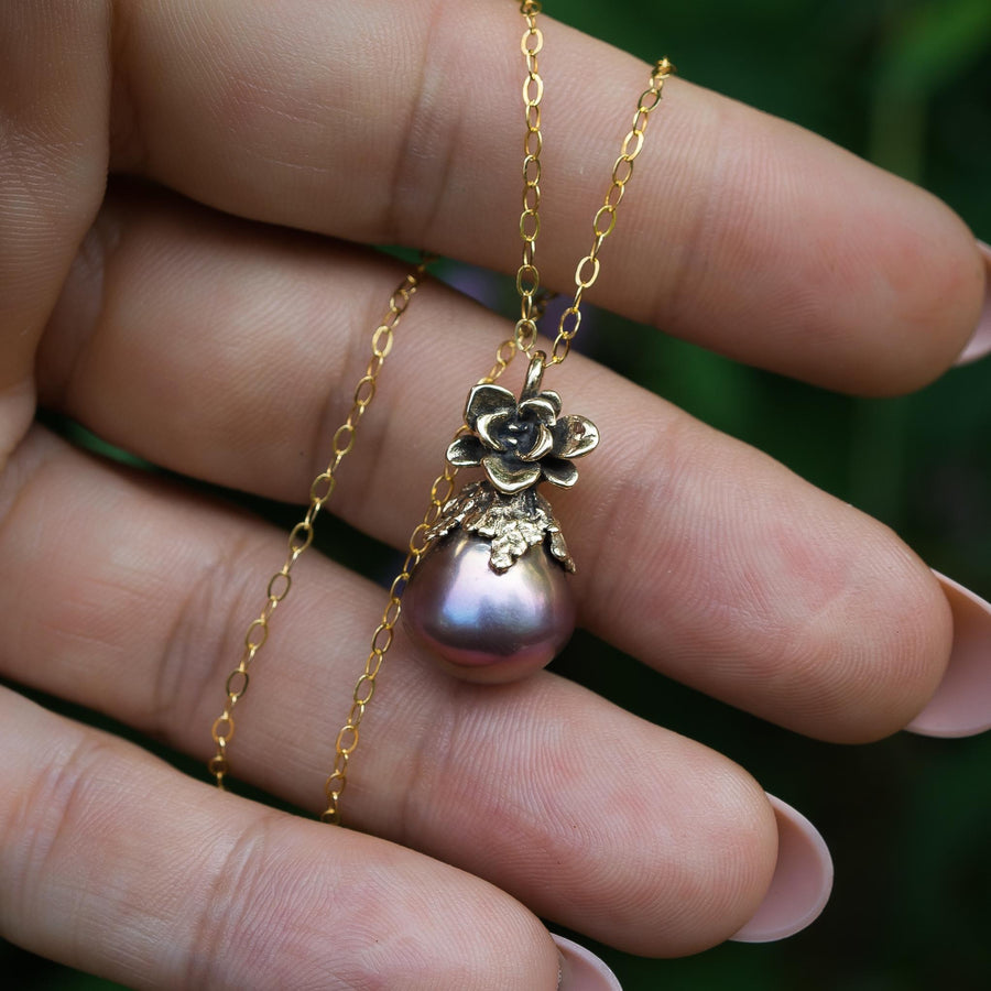 14K Gold Edison Pearl Pendant, Natural Freshwater Pearl, Metallic, Purple Rainbow, Succulent Flower, Juniper Leaf, Handmade, Gift for her,