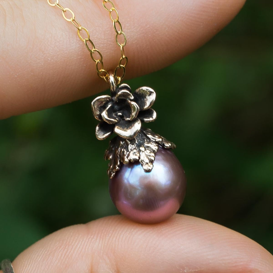 Purple Edison Pearl Pendant, Bronze, Natural Freshwater Pearl, Metallic, Pink pearl, Succulent Flower, Juniper Leaf, Handmade, Gift for her,