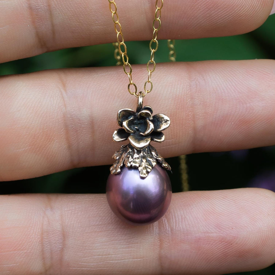 Purple Edison Pearl Pendant, Bronze, Natural Freshwater Pearl, Metallic, Pink pearl, Succulent Flower, Juniper Leaf, Handmade, Gift for her,