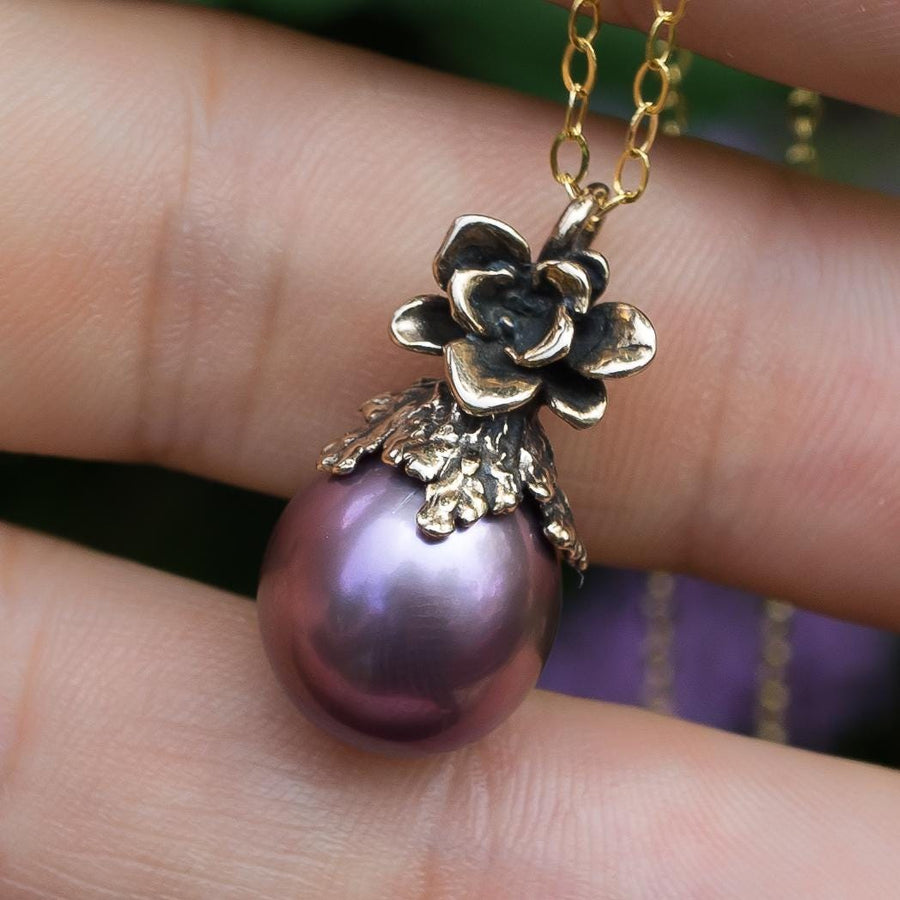 Purple Edison Pearl Pendant, Bronze, Natural Freshwater Pearl, Metallic, Pink pearl, Succulent Flower, Juniper Leaf, Handmade, Gift for her,