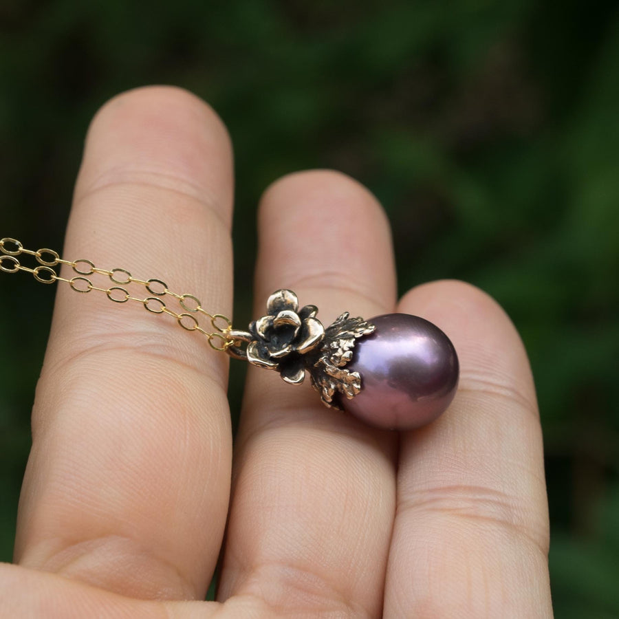 Purple Edison Pearl Pendant, Bronze, Natural Freshwater Pearl, Metallic, Pink pearl, Succulent Flower, Juniper Leaf, Handmade, Gift for her,