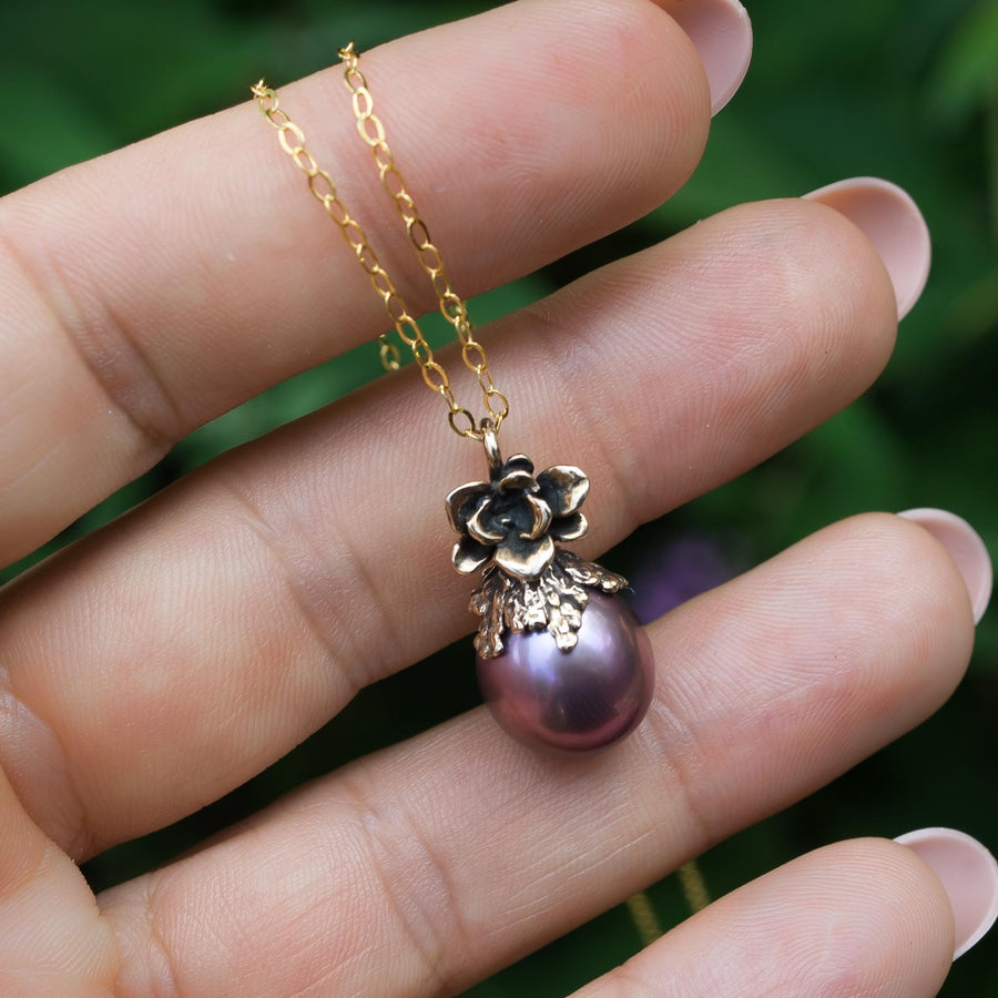 Purple Edison Pearl Pendant, Bronze, Natural Freshwater Pearl, Metallic, Pink pearl, Succulent Flower, Juniper Leaf, Handmade, Gift for her,