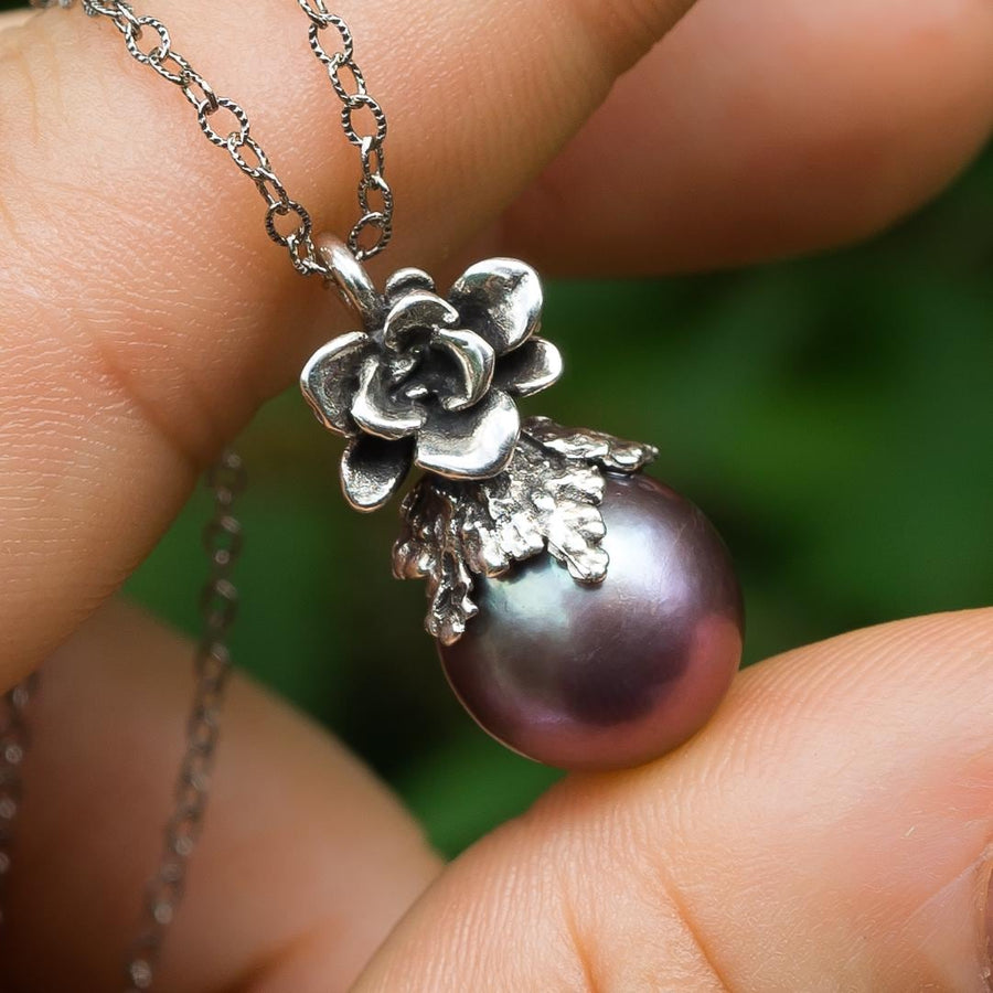 Purple Edison Pearl Pendant, sterling silver, Natural Freshwater Pearl, Metallic, blue pearl, Succulent Flower, Juniper Leaf, Gift for her