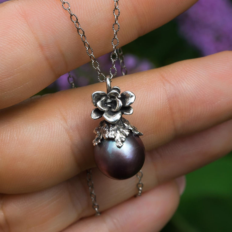 Purple Edison Pearl Pendant, sterling silver, Natural Freshwater Pearl, Metallic, blue pearl, Succulent Flower, Juniper Leaf, Gift for her