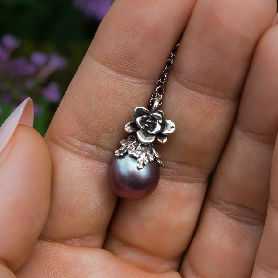 Purple Edison Pearl Pendant, sterling silver, Natural Freshwater Pearl, Metallic, blue pearl, Succulent Flower, Juniper Leaf, Gift for her