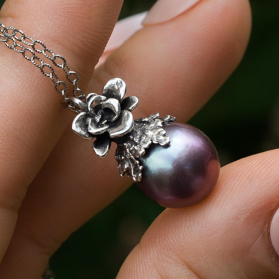 Purple Edison Pearl Pendant, sterling silver, Natural Freshwater Pearl, Metallic, blue pearl, Succulent Flower, Juniper Leaf, Gift for her