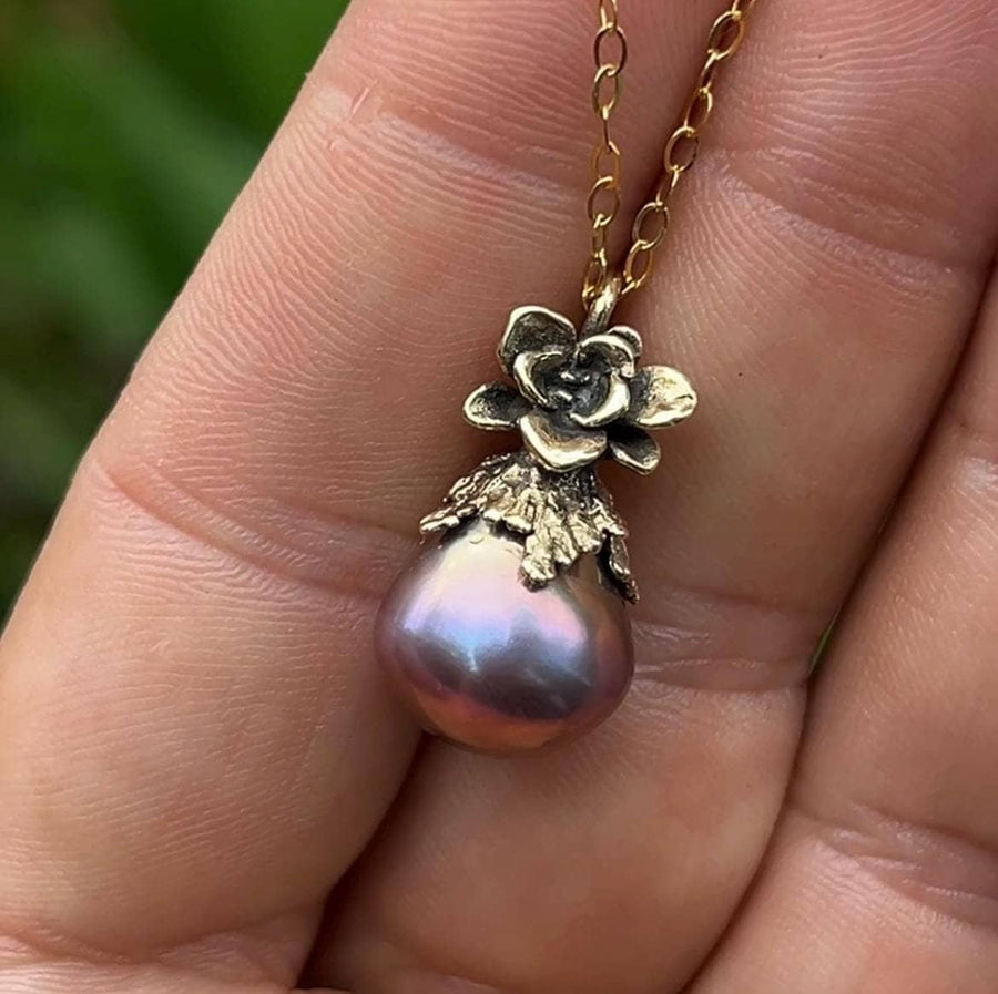 14K Gold Edison Pearl Pendant, Natural Freshwater Pearl, Metallic, Purple Rainbow, Succulent Flower, Juniper Leaf, Handmade, Gift for her,