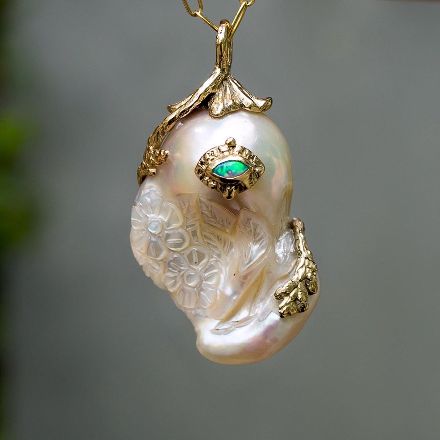 14K Gold Baroque Pearl Pendant, Australian Opal, Vintage, Natural Freshwater Carved, Flower,, Handmade, Gift for her cottagecore, fairycore