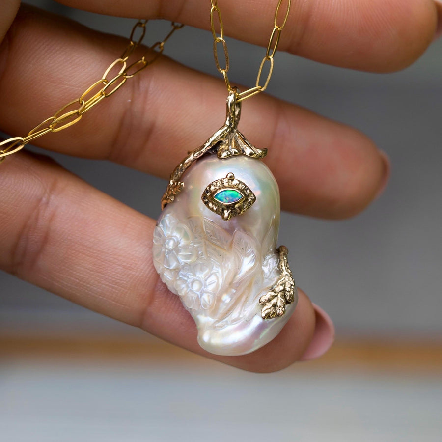 14K Gold Baroque Pearl Pendant, Australian Opal, Vintage, Natural Freshwater Carved, Flower,, Handmade, Gift for her cottagecore, fairycore