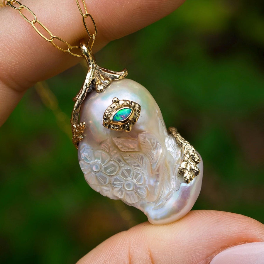 14K Gold Baroque Pearl Pendant, Australian Opal, Vintage, Natural Freshwater Carved, Flower,, Handmade, Gift for her cottagecore, fairycore