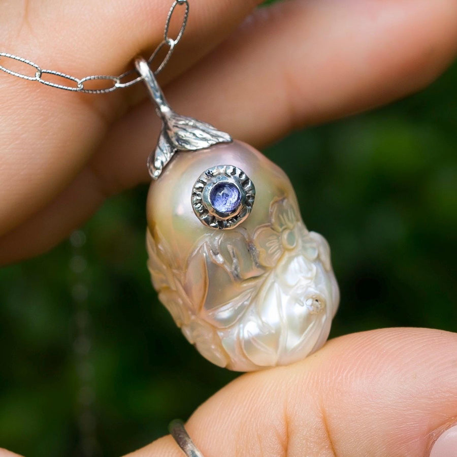 Carved Baroque Pearl & Tanzanite Pendant