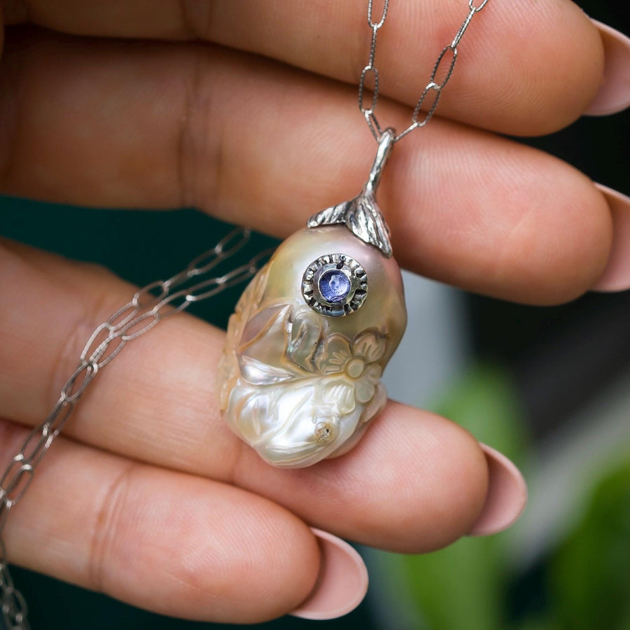 Carved Baroque Pearl & Tanzanite Pendant